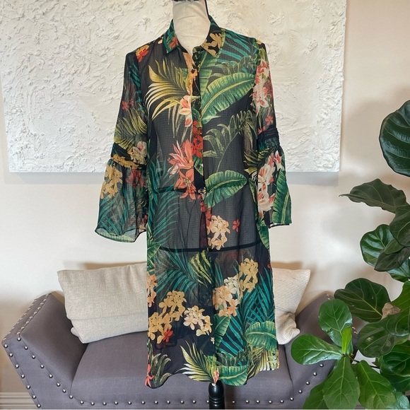 Zara Tropical Print Chiffon Cover Up Tunic Size Small - Picture 2 of 8